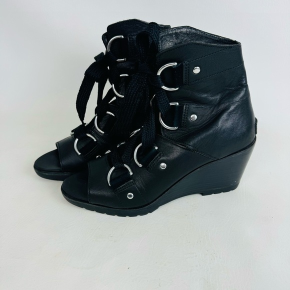 Sorel After Hours Lace Up Peep Toe Black Leather Wedge Bootie Shoe Size 9.5 - Picture 1 of 13